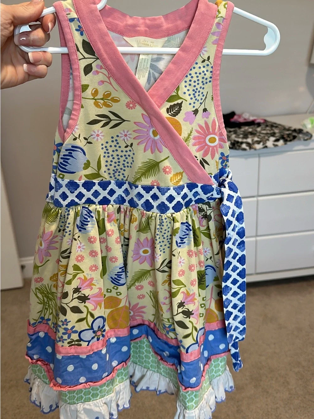 Matilda Jane Pink Floral Wrap Dress with Blue Accents